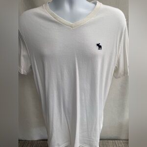 Abercrombie & Fitch White V-Neck Tee with Navy Moose Logo